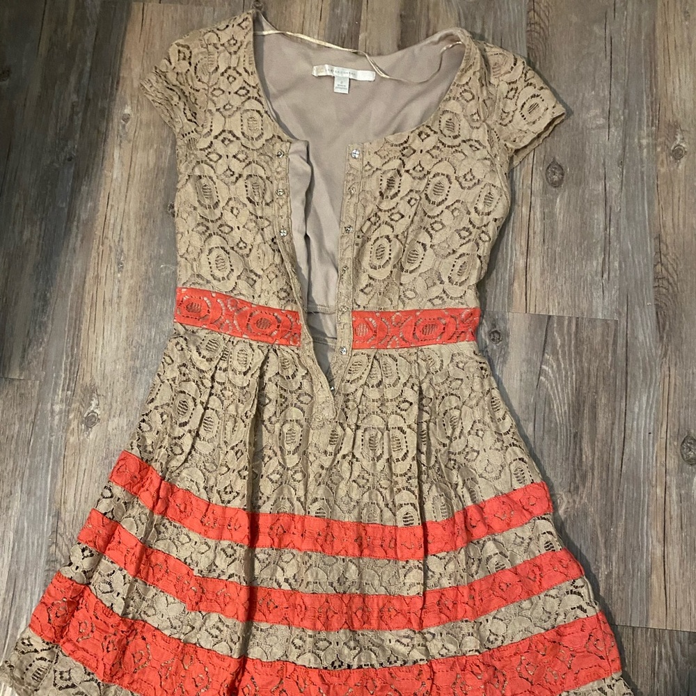Lauren Conrad Dress Taupe Tan Lace Orange Stripe